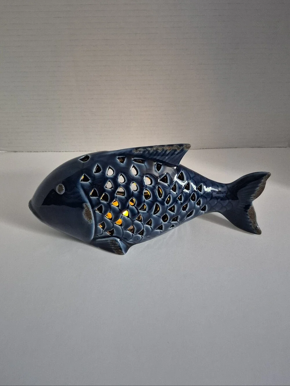 Pier 1 Vintage Cobalt Blue Ceramic Large Fish Tealight Candleholder NWT Rare